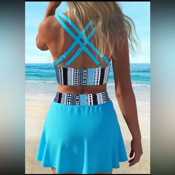 Ethnic Style Women's Bikini Three-piece Swimsuit NEW sz large  Blue - Picture 2 of 7